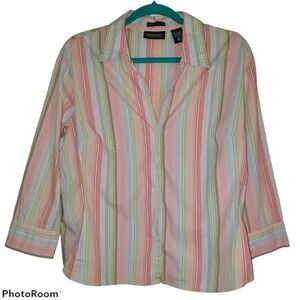 New York & Company City Stretch Striped 3/4 Sleeve Button Down Blouse 0162